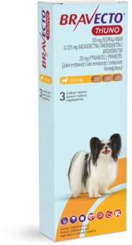 BRAVECTO TriUNO žuvacie tablety pre psy (> 2,5-5 kg)
