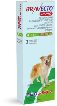 BRAVECTO TriUNO žuvacie tablety pre psy (> 10-20 kg)